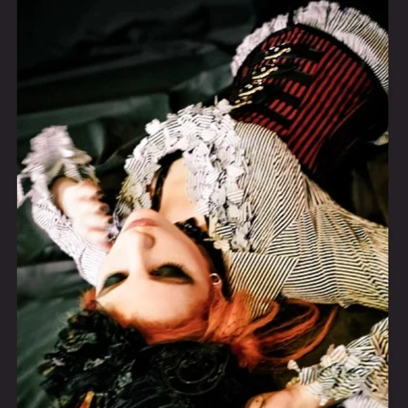 Striped Ruffle Blouse with Red Corset - Picture 4 of 4